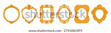 Vintage mirror frames. Old antique decorative borders, ornate baroque filigree picture frame silhouettes, cartoon elegant gold luxury interior elements. Vector isolated flat set.