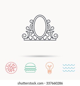 Vintage mirror icon. Retro decoration sign. Global connect network, ocean wave and burger icons. Lightbulb lamp symbol.