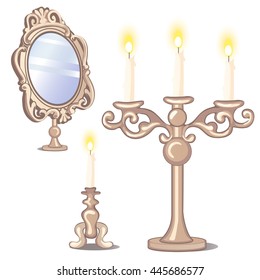 Vintage mirror and metallic candlesticks with candles isolated on white background. Vector illustration.