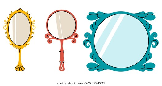 Vintage mirror set. Set of decorative isolated retro items of different shapes. Doodle frames with patterns.