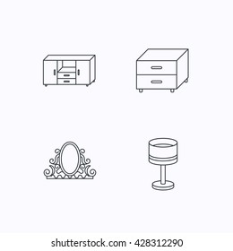 Vintage mirror, table lamp and nightstand icons. Chest of drawers linear sign. Flat linear icons on white background. Vector