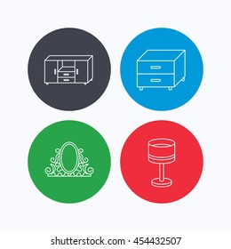 Vintage mirror, table lamp and nightstand icons. Chest of drawers linear sign. Linear icons on colored buttons. Flat web symbols. Vector