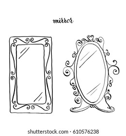 Vintage mirrors/ Vintage furniture/ Interior design elements/ Hand drawn ink sketch illustration isolated on white background