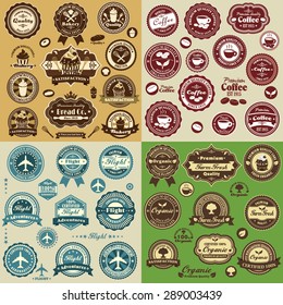 Vintage mix label design set with cupcake, coffee, flight, organic food 
