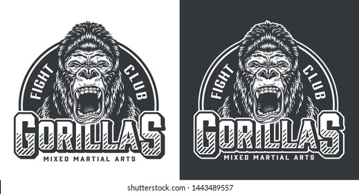 Vintage mixed martial arts club badge with aggressive gorilla in monochrome style isolated vector illustration