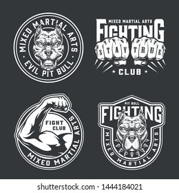 Vintage mixed martial arts prints with angry dog heads fighter fists and strong male arm in monochrome style isolated vector illustration