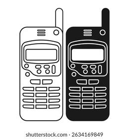 Vintage Mobile Phone with Flat Black Antenna and Outline Style. Vintage Communication Device Mobile Phone.