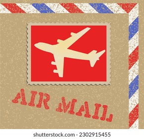 A vintage mock air mail postage stamp with an airplane in the design is seen in a vector illustration