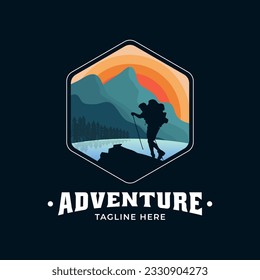 Vintage modern adventure logo with view of people climbing mountains, river and pine trees. Suitable for logos of adventurers, nature lovers, mountaineers, brands, and others.