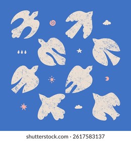 Vintage modern art print elements set in simple wavy and groovy naive style - birds flying in the sky. White flat hand drawn doves with organic texture. Vector groovy illustration.