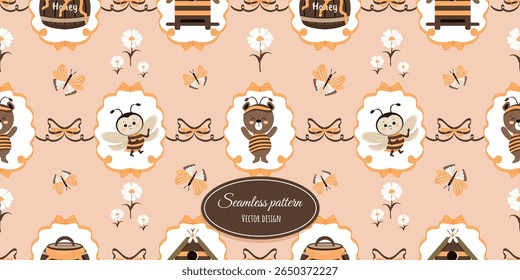 Vintage modern children's seamless drawing with funny characters, a barrel of honey, and a bee house. Flirty wallpaper with bows and frames, featuring a bee and a bear. Vector design.