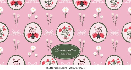 Desenho sem costura para crianças modernas vintage com uma joaninha engraçada, um buquê de baga e flores. Papel de parede flerte com arcos e quadros. Design vetorial.
