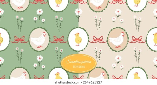 Padrão sem costura de crianças modernas vintage com uma galinha, pintos, flores e arcos. Papel de parede flerte com arcos e quadros. Design vetorial