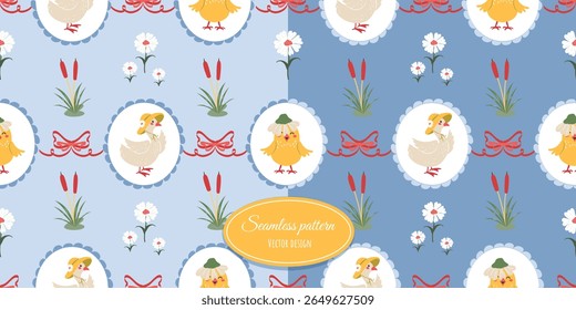 Vintage modern children's seamless pattern with a mother goose in a hat, a funny gosling, flowers, reeds, and bows. Flirty wallpaper with bows and frames. Vector design.