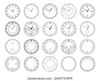 Coleção de mostradores de relógio antigos e modernos. Vetor isolado redondo e ornamentado relógio faces com algarismos romanos, linhas minimalistas e desenhos em branco. Arte relojoeira ou steampunk inspirada
