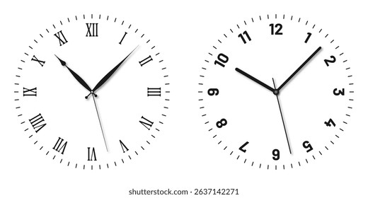 Vintage and modern clock faces with Roman numerals and retro hands. Blank clock dial with hours, minutes, and seconds hands. Victorian clock dial with hands. Roman and modern numbers. Vector