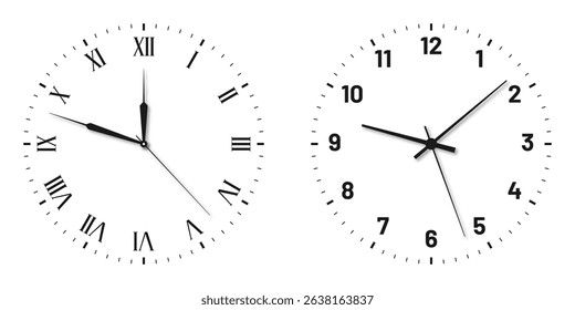 Vintage and modern clock faces with Roman numerals and retro hands. Blank clock dial with hours, minutes, and seconds hands. Victorian clock dial with hands. Roman and modern numbers. Vector - Powered by Shutterstock - Get 15% off with code: PIKWIZARD15