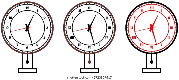 Relógio vintage e moderno enfrenta com algarismos romanos e mãos retro. Discagem em branco com ponteiros de horas, minutos e segundos.