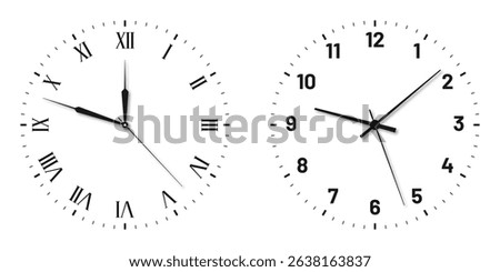 Vintage and modern clock faces with Roman numerals and retro hands. Blank clock dial with hours, minutes, and seconds hands. Victorian clock dial with hands. Roman and modern numbers. Vector