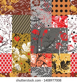 Vintage modern collage of silhouettes and contours of field plants, mixed with a geometric pattern, polka dots in a seamless vector design for fashion, fabric, wallpaper and all prints.