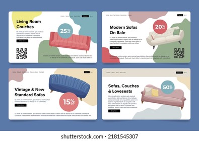 Vintage modern interior furniture comfortable sofa couch shop sale discount landing page set vector illustration. Indoor furnishing online shopping web banner. Apartment living room home decor store - Shutterstock ID 2181545307