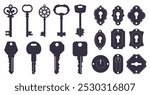 Vintage and modern keys. Lock keyholes. Black silhouette icons on white background. Different passkey shapes and carvings. Door locking. House safety. Latchkey flat