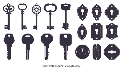 Vintage and modern keys. Lock keyholes. Black silhouette icons on white background. Different passkey shapes and carvings. Door locking. House safety. Latchkey flat