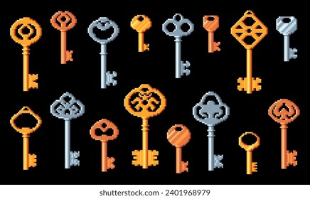 Vintage and modern keys. Pixel art 8bit game icons. Golden and silver door, lock keys retro computer game pixelart asset, 8 bit console videogame or mobile phone vintage arcade app UI icons set