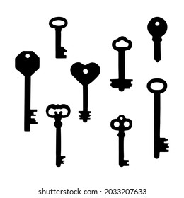Vintage and Modern Keys Set. Hand Drawn Key Silhouette. Isolated Vector Illustration