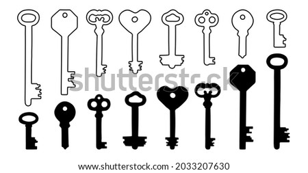 Vintage and Modern Keys Set. Hand Drawn Key Silhouette and Outline. Isolated Vector Illustration