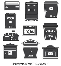 Vintage and modern mail postboxes and mailboxes icons. Outline monochrome letterboxes with envelope and horn symbols. Mailing and correspondence receiving logo templates.