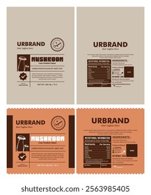 Vintage modern mushroom supplement label design, clean and minimalist banner focused on health and wellness, with a retro style Stand up pouch bag food product packaging.