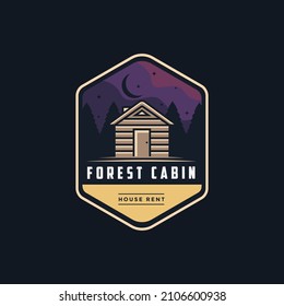 Vintage modern outdoor emblem with forest view and cabin house in forest logo icon vector, cottage hut cabin logo template on dark background