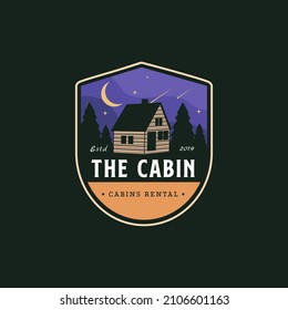 Vintage modern outdoor emblem with forest view and cabin house in forest logo icon vector, cottage hut cabin logo template on dark background