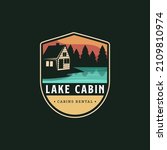 Vintage modern outdoor emblem with lake view and cabin house in forest logo icon vector, cottage hut cabin logo template on dark background