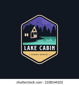 Vintage Modern Outdoor Emblem With Lake View And Cabin House In Forest Logo Icon Vector, Cottage Hut Cabin Logo Template On Dark Background