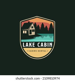 Vintage Modern Outdoor Emblem With Lake View And Cabin House In Forest Logo Icon Vector, Cottage Hut Cabin Logo Template On Dark Background