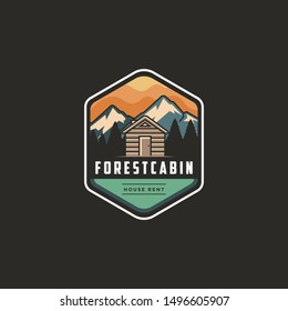 Vintage modern outdoor emblem with Mountain view and cabin house in forest logo icon vector template on black backround