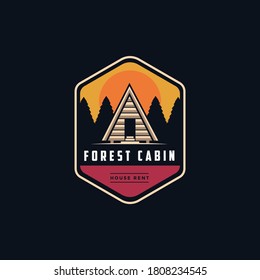 Vintage modern outdoor emblem with Mountain view and cabin house in forest logo icon vector template on black background