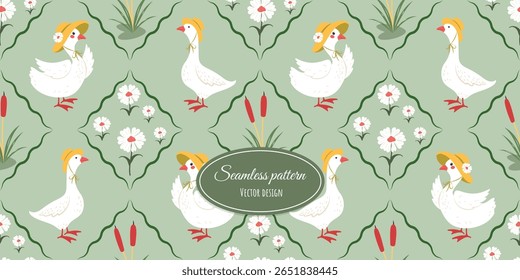 Vintage desenho sem costura moderno com um ganso e um ganso de chapéu, flores, canas e arcos. Papel de parede flerte com arcos e quadros. Design vetorial.