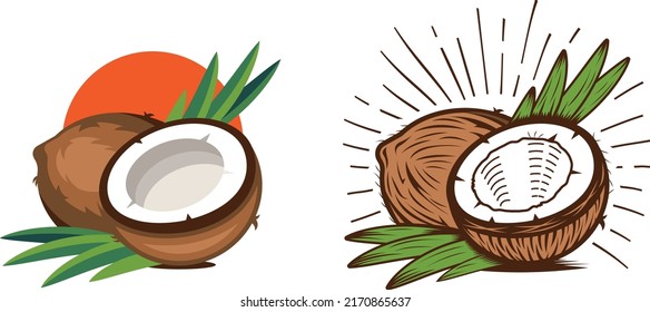 Vintage and Modern style Coconut. 
Half and full coconut fruit with sun rays. Hand drawing cocos