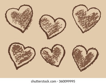 Vintage modern style lines drawn with symbols hearts on background craft paper. Set of funny valentine`s hearts. Vector design elements.