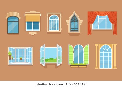 Vintage and modern windows set in different styles and forms. Window frames exterior view