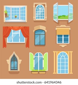 Vintage and modern windows set in different styles and forms. Window frames exterior view
