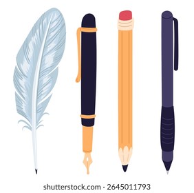 Instrumentos de escrita antigos e modernos. Ferramenta Writer. Pena de pena. Esferográfica ou caneta tinteiro. Lápis de grafite com borracha. Acessórios para escritório ou escola. Vetor