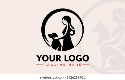 Vintage mamá y pata chica Logo Vector Diseño reconfortante para los amantes de los perros Logo único de la mujer y el perro