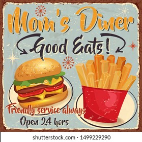 Vintage Mom's Diner Metal Sign.Retro Poster 1950s Style.