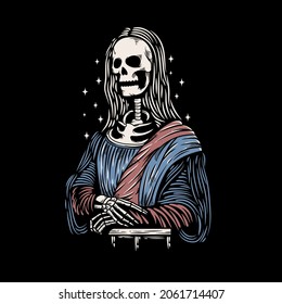 vintage monalisa skeleton artwork with hand drawn style