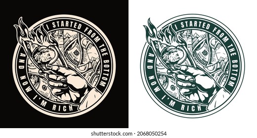 Vintage money round print in monochrome style with inscriptions male hand holding burning one hundred US dollar banknote isolated vector illustration