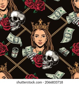 Vintage money seamless pattern with dollar bills beautiful girl in gold crown and earrings jewelry chain skulls roses skeleton hand holding one hundred US dollar banknotes vector illustration